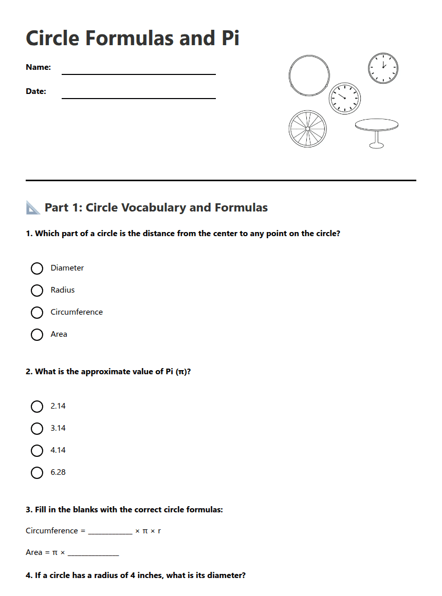 Circle Formulas and Pi worksheet preview
