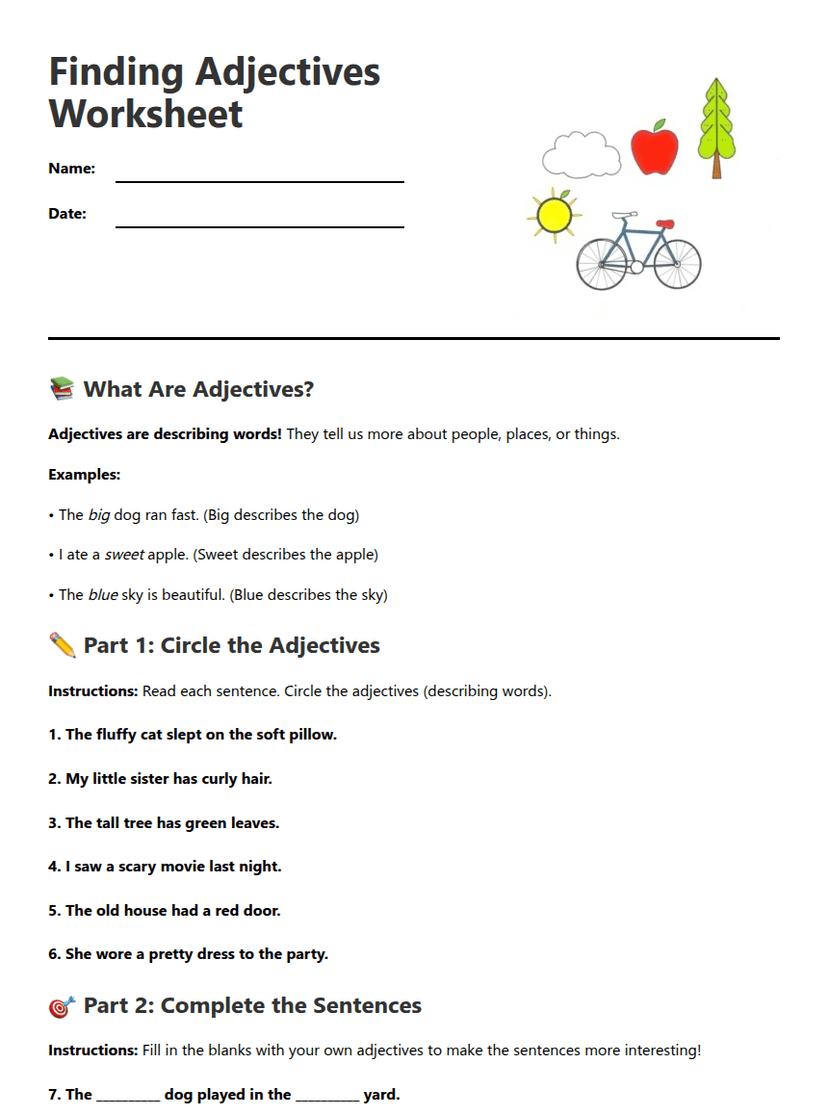 Finding Adjectives Worksheet