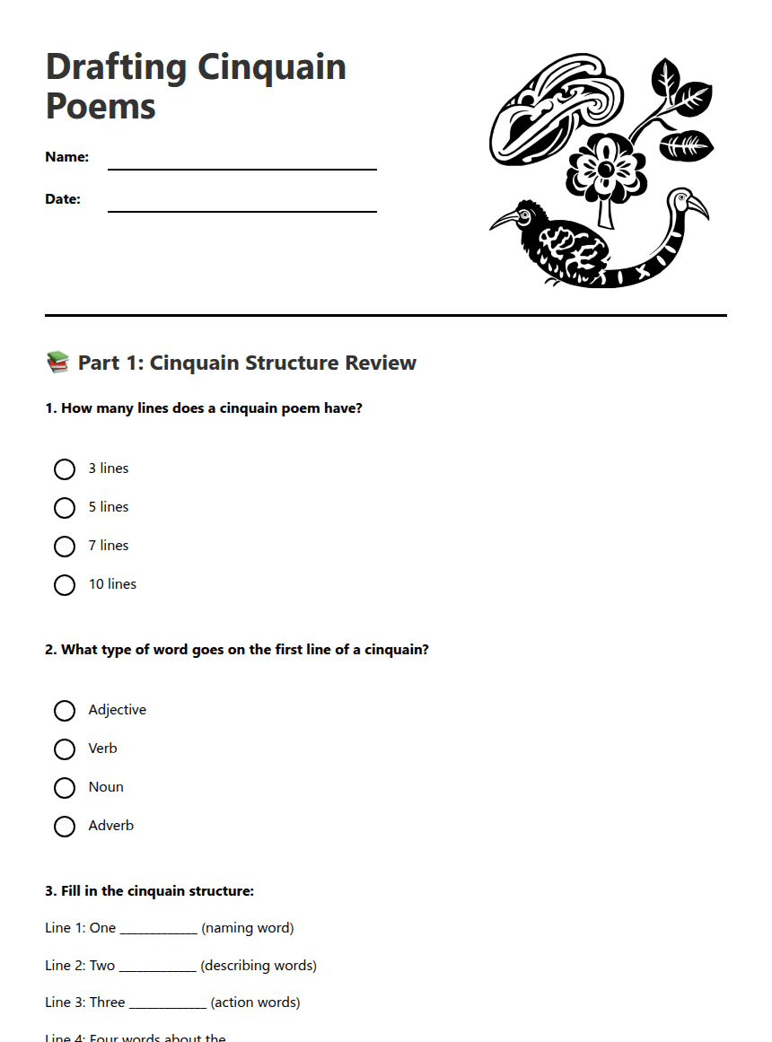 Drafting Cinquain Poems worksheet preview