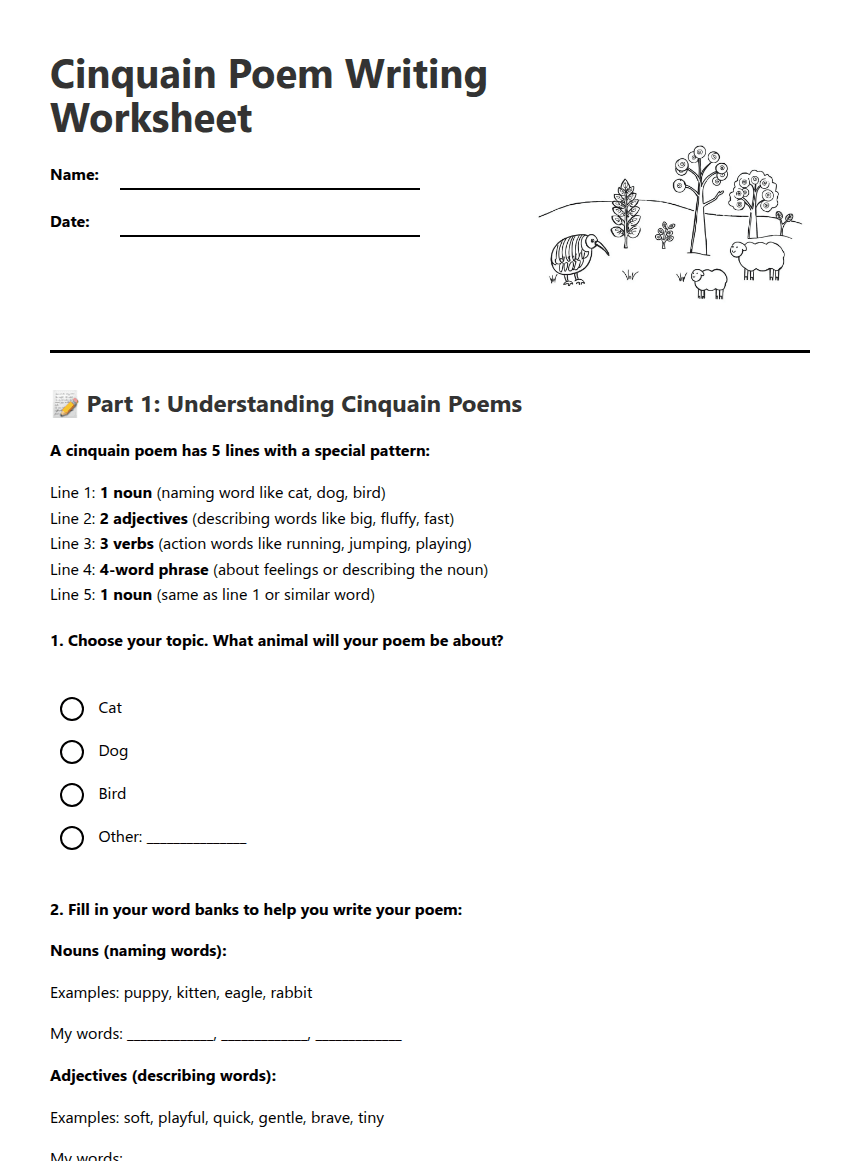 Cinquain Poem Writing Worksheet worksheet preview