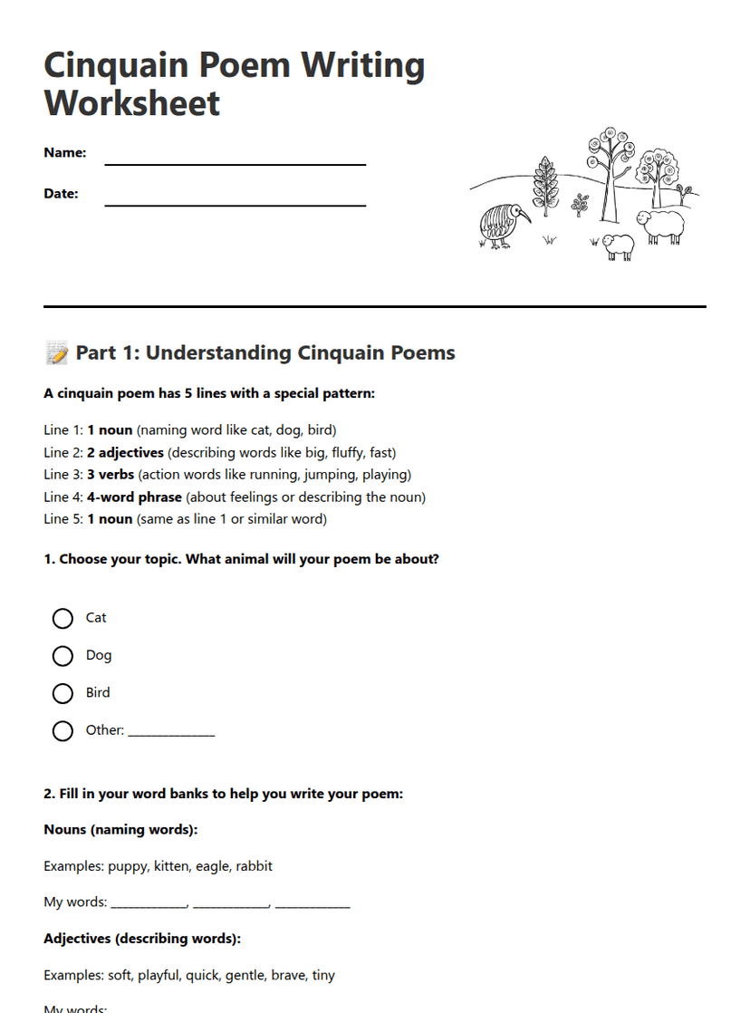 Cinquain Poem Writing Worksheet