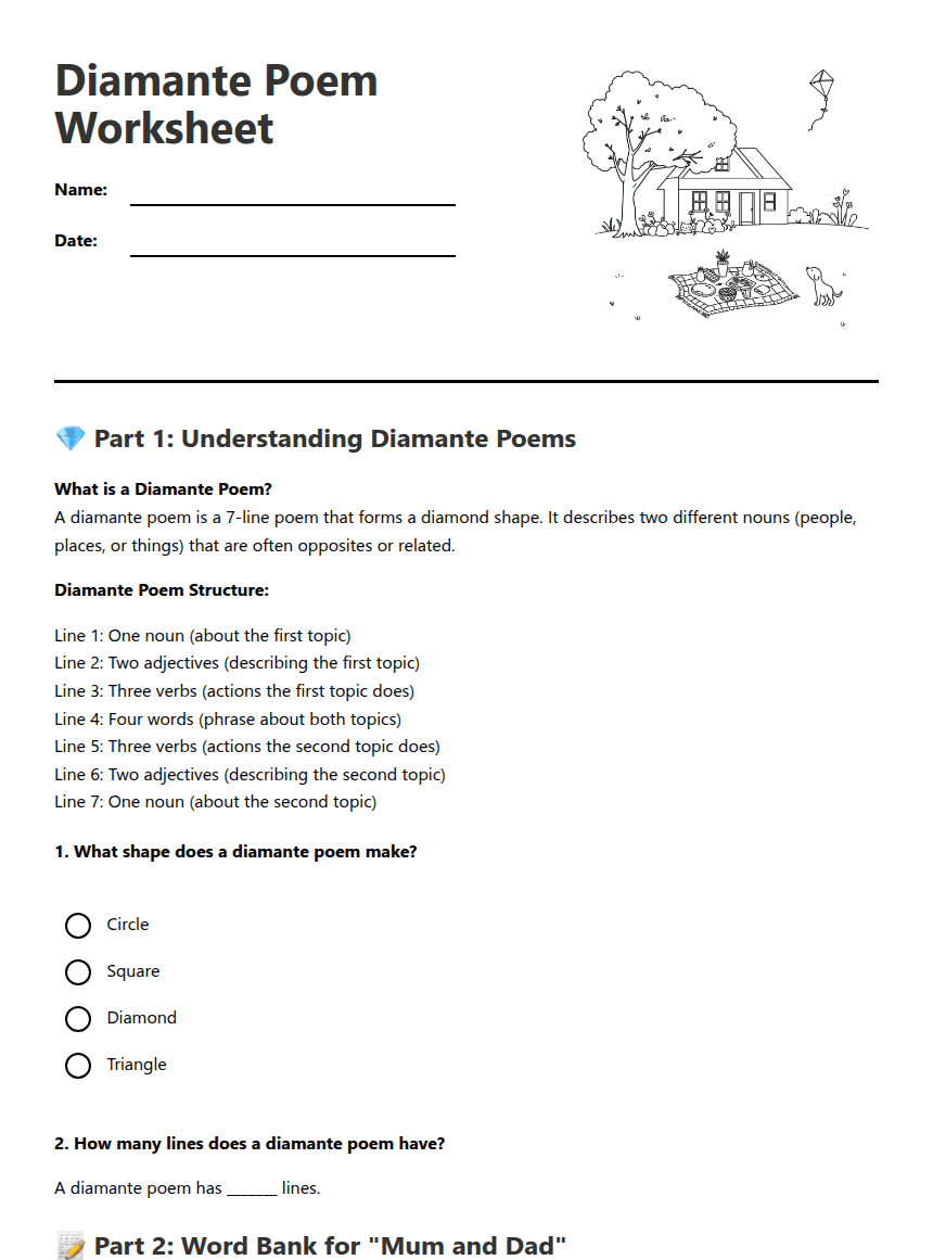 Diamante Poem Worksheet worksheet preview