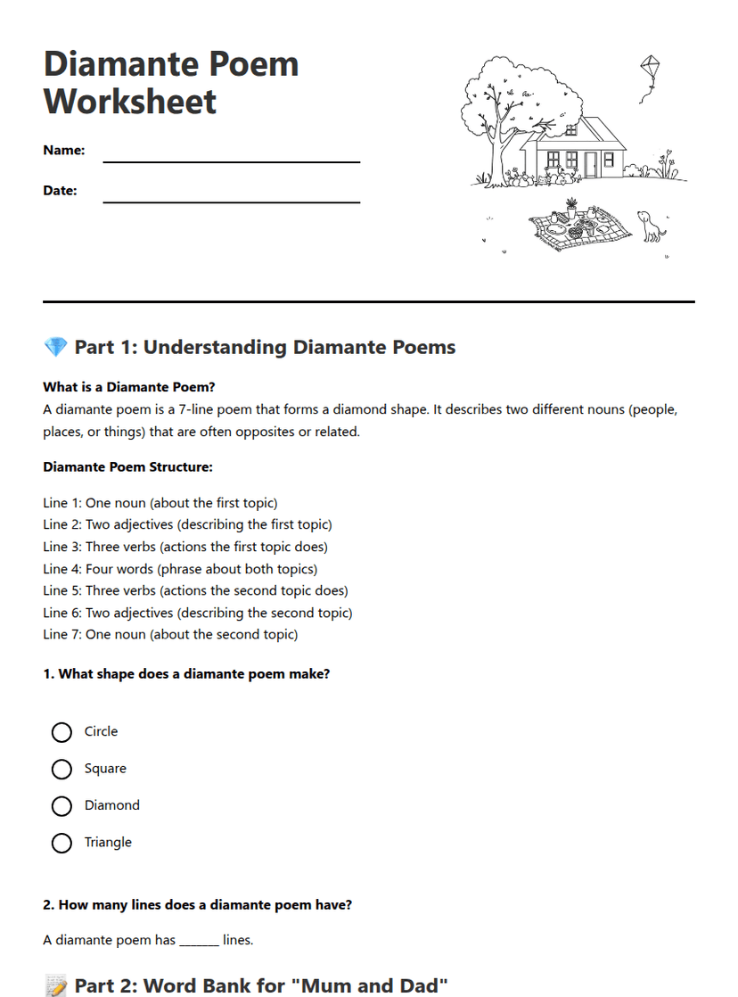 Diamante Poem Worksheet