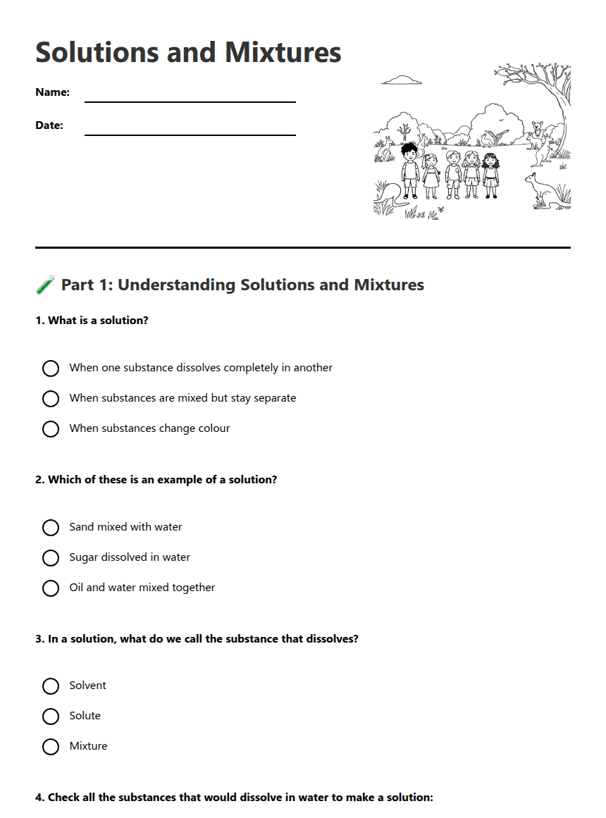 Solutions and Mixtures worksheet preview