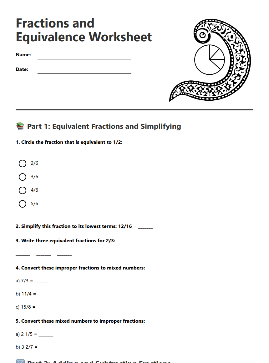Fractions and Equivalence Worksheet worksheet preview
