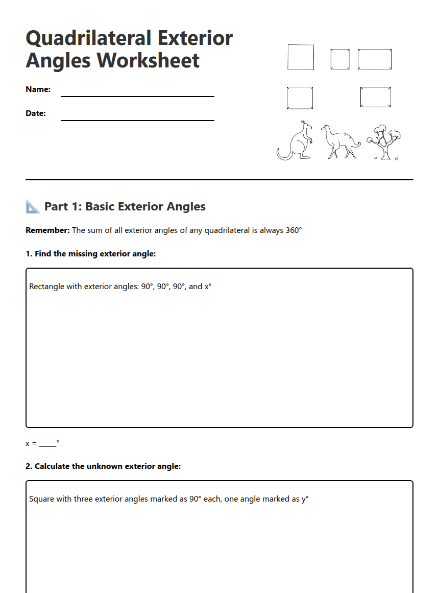 Quadrilateral Exterior Angles Worksheet worksheet preview