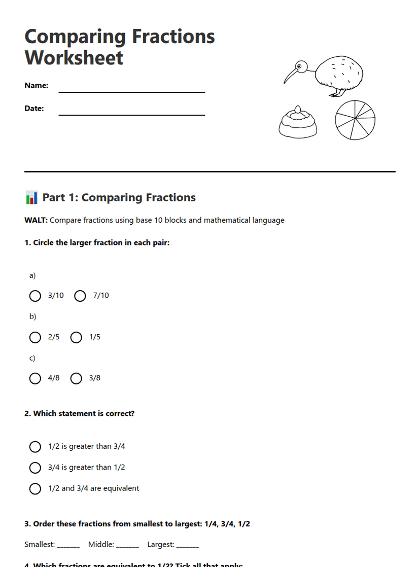 Comparing Fractions Worksheet