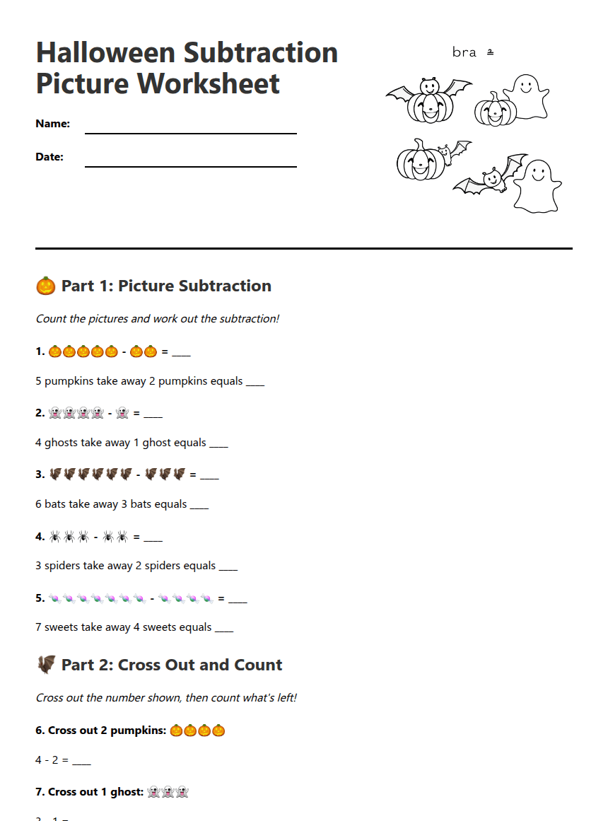 Halloween Subtraction Picture Worksheet worksheet preview