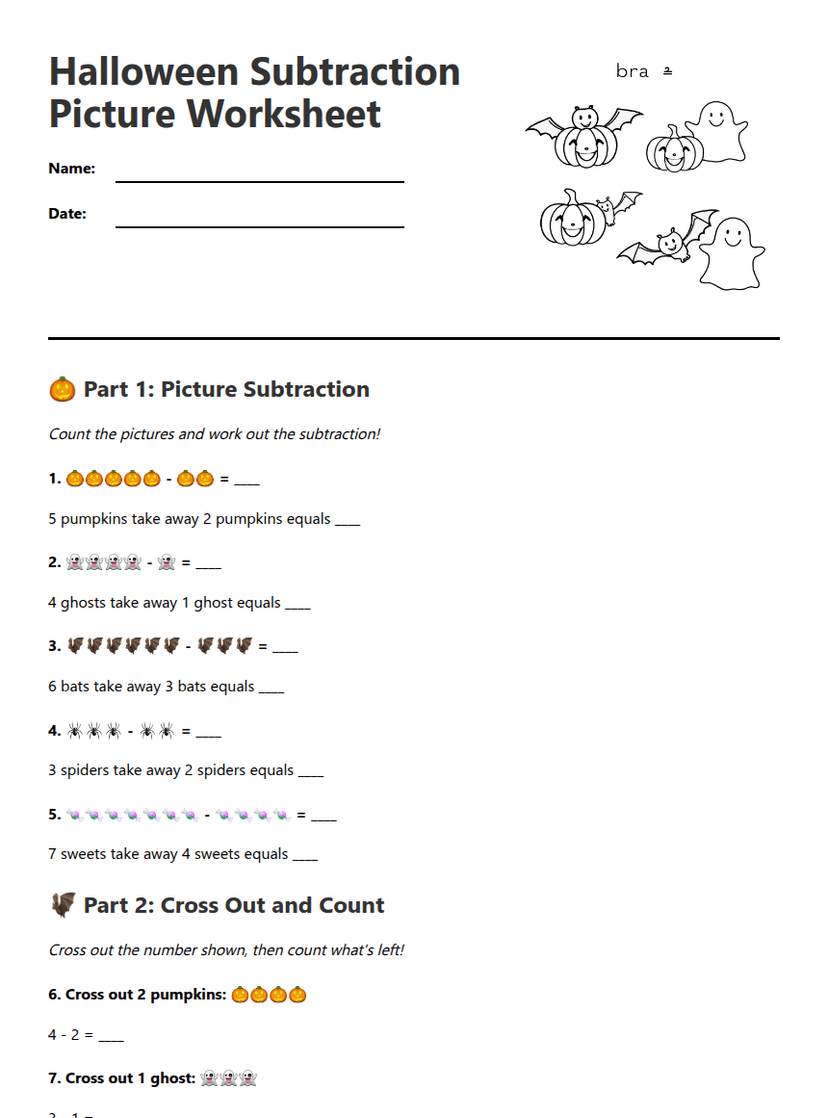 Halloween Subtraction Picture Worksheet