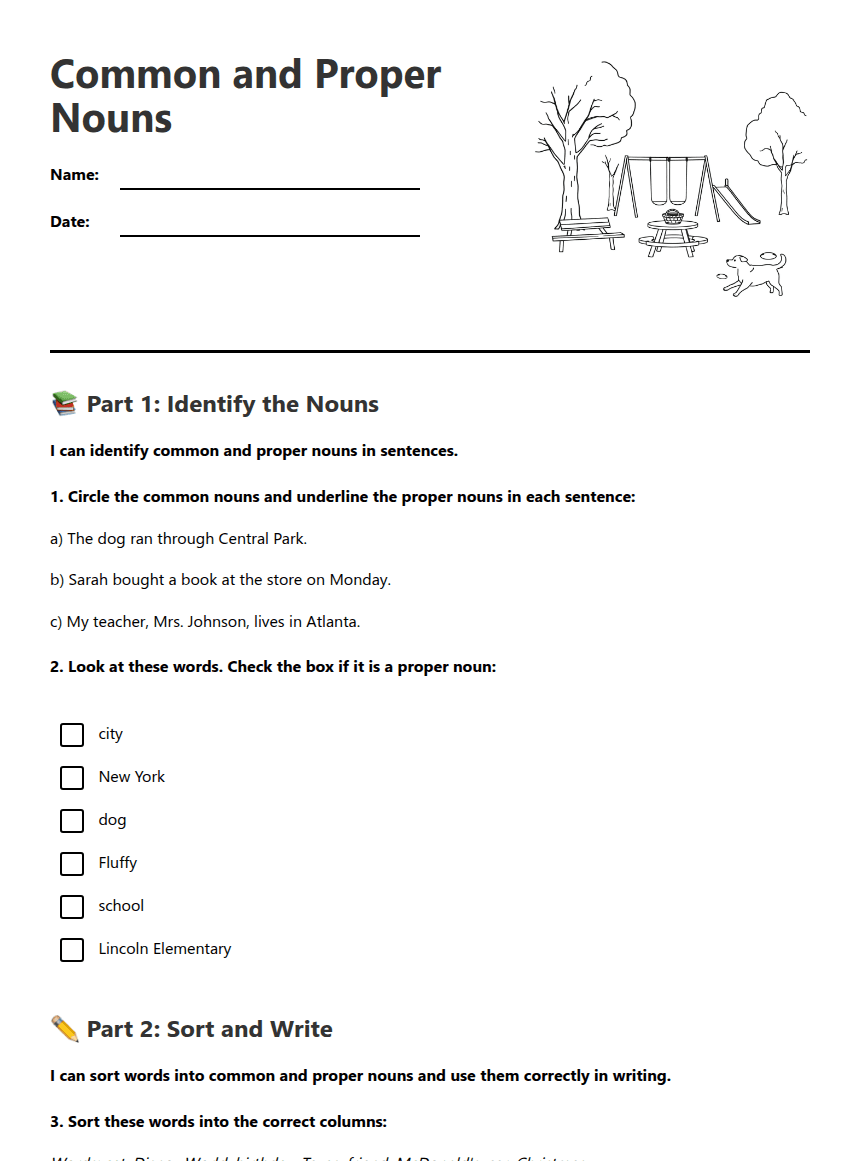 Common and Proper Nouns worksheet preview