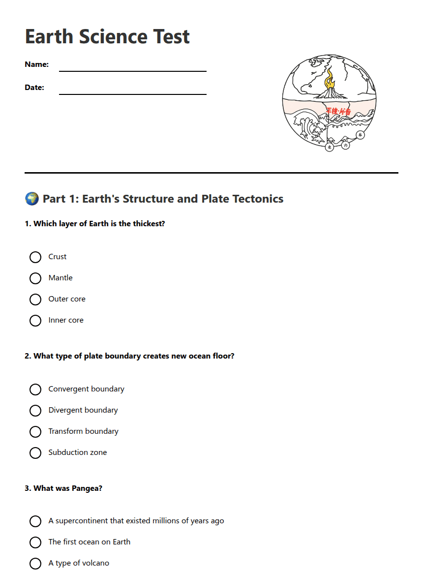 Earth Science Test worksheet preview