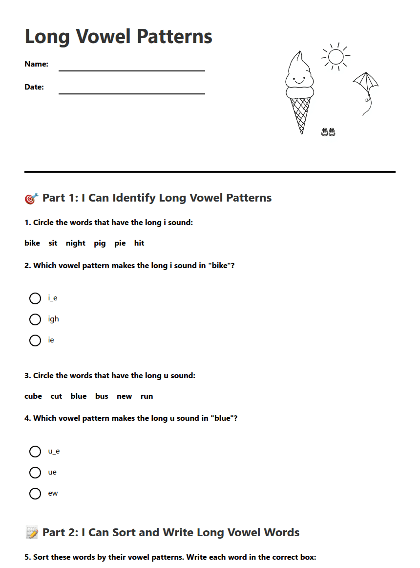 Long Vowel Patterns worksheet preview