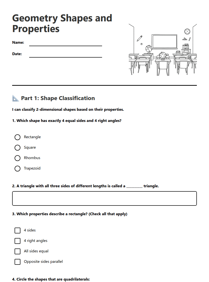 Geometry Shapes and Properties worksheet preview