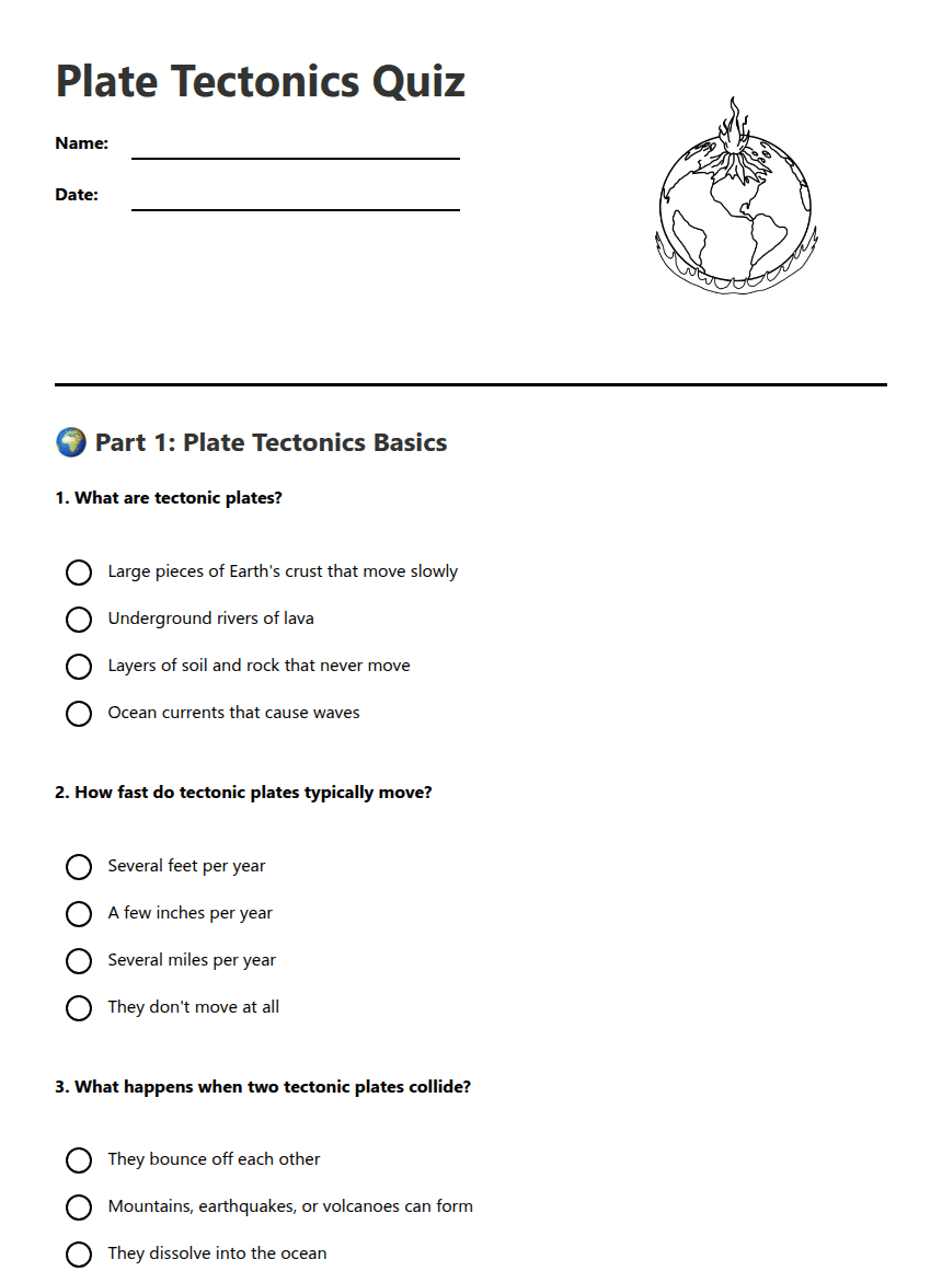 Plate Tectonics Quiz worksheet preview