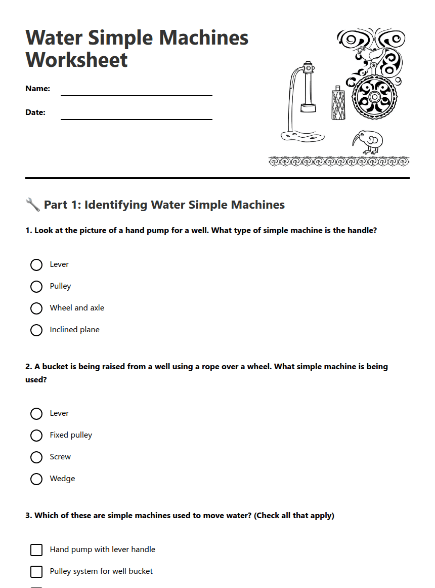 Water Simple Machines Worksheet worksheet preview