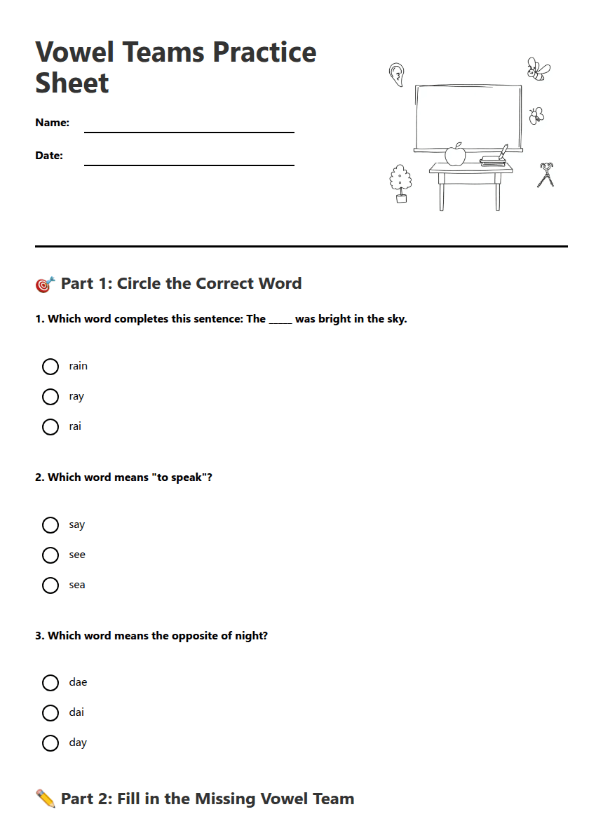 Vowel Teams Practice Sheet worksheet preview