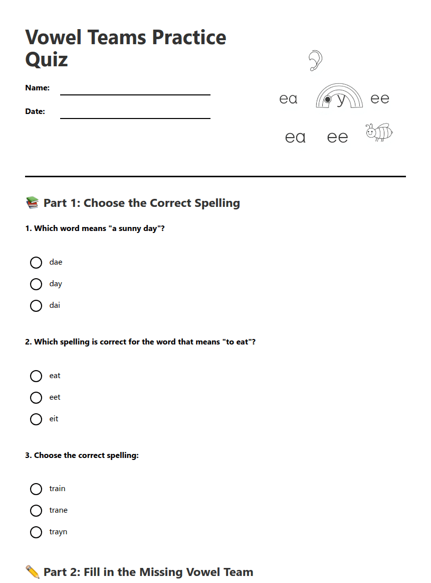 Vowel Teams Practice Quiz worksheet preview