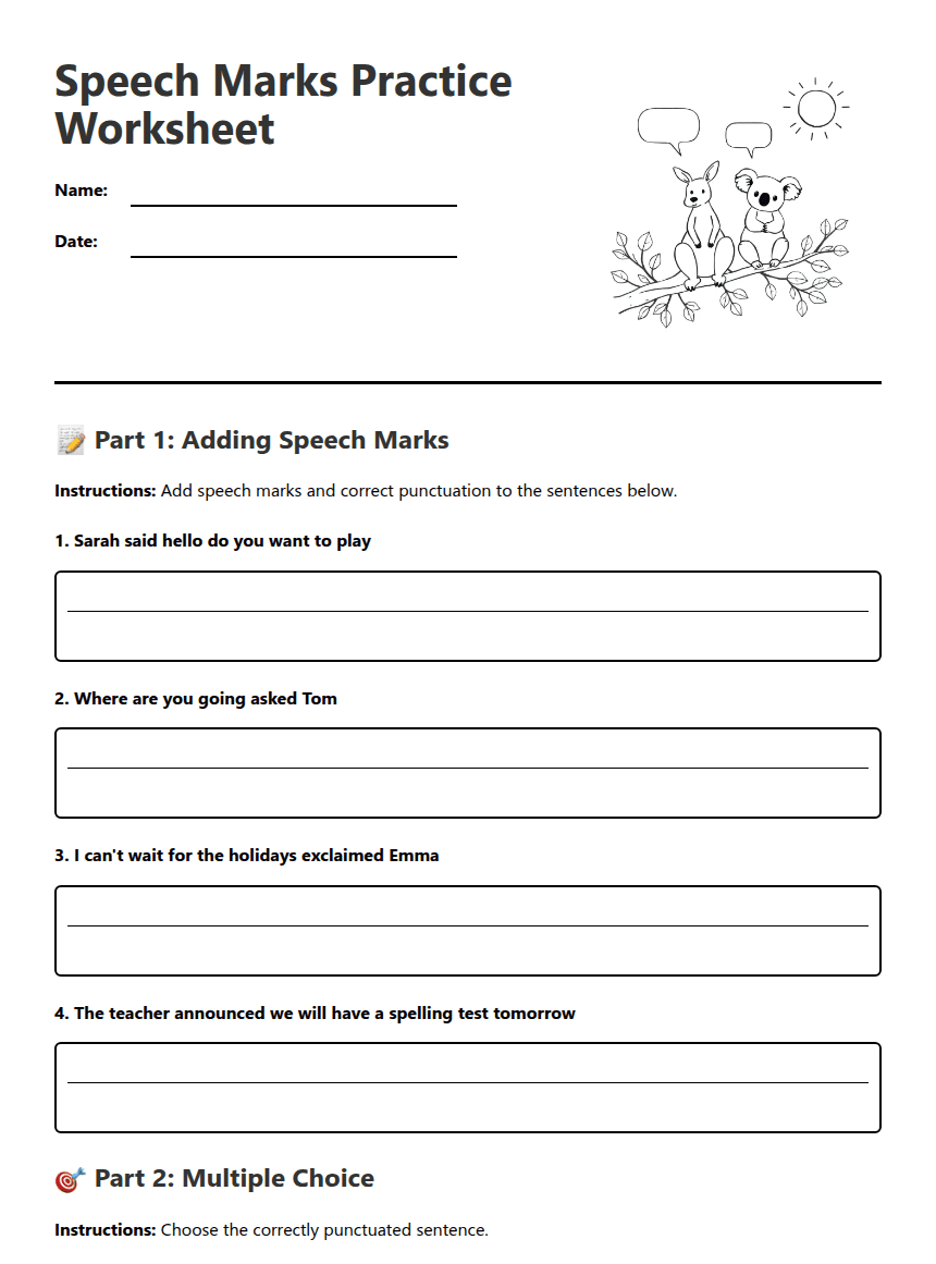 Speech Marks Practice Worksheet worksheet preview