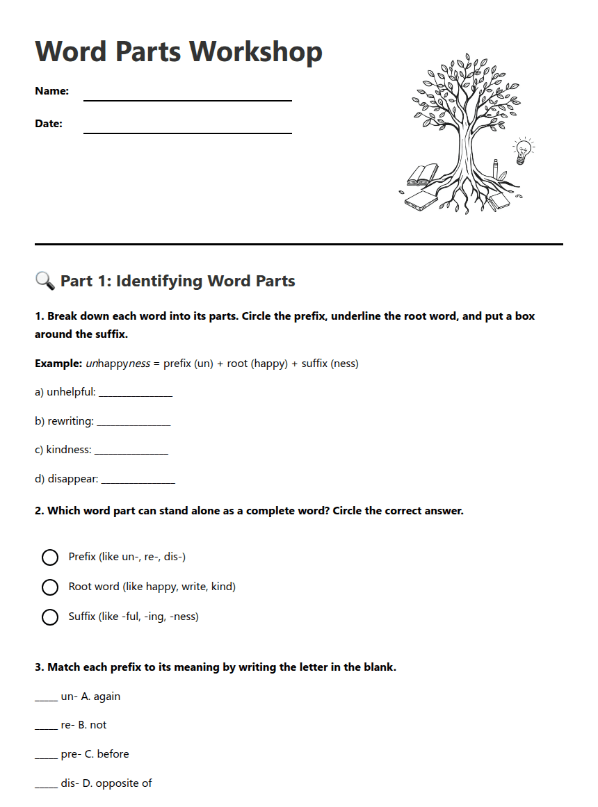 Word Parts Workshop worksheet preview