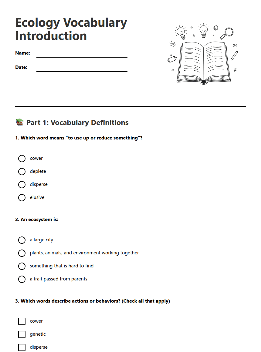 Ecology Vocabulary Introduction worksheet preview
