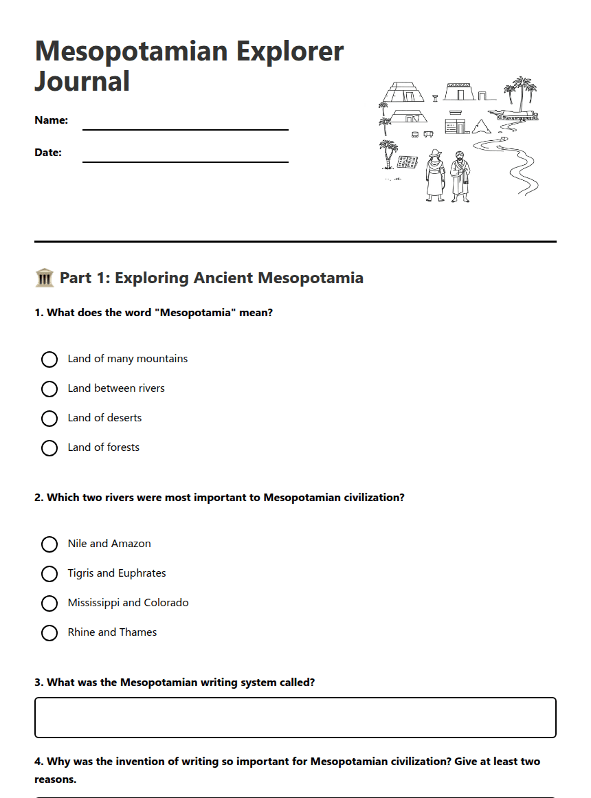 Mesopotamian Explorer Journal worksheet preview