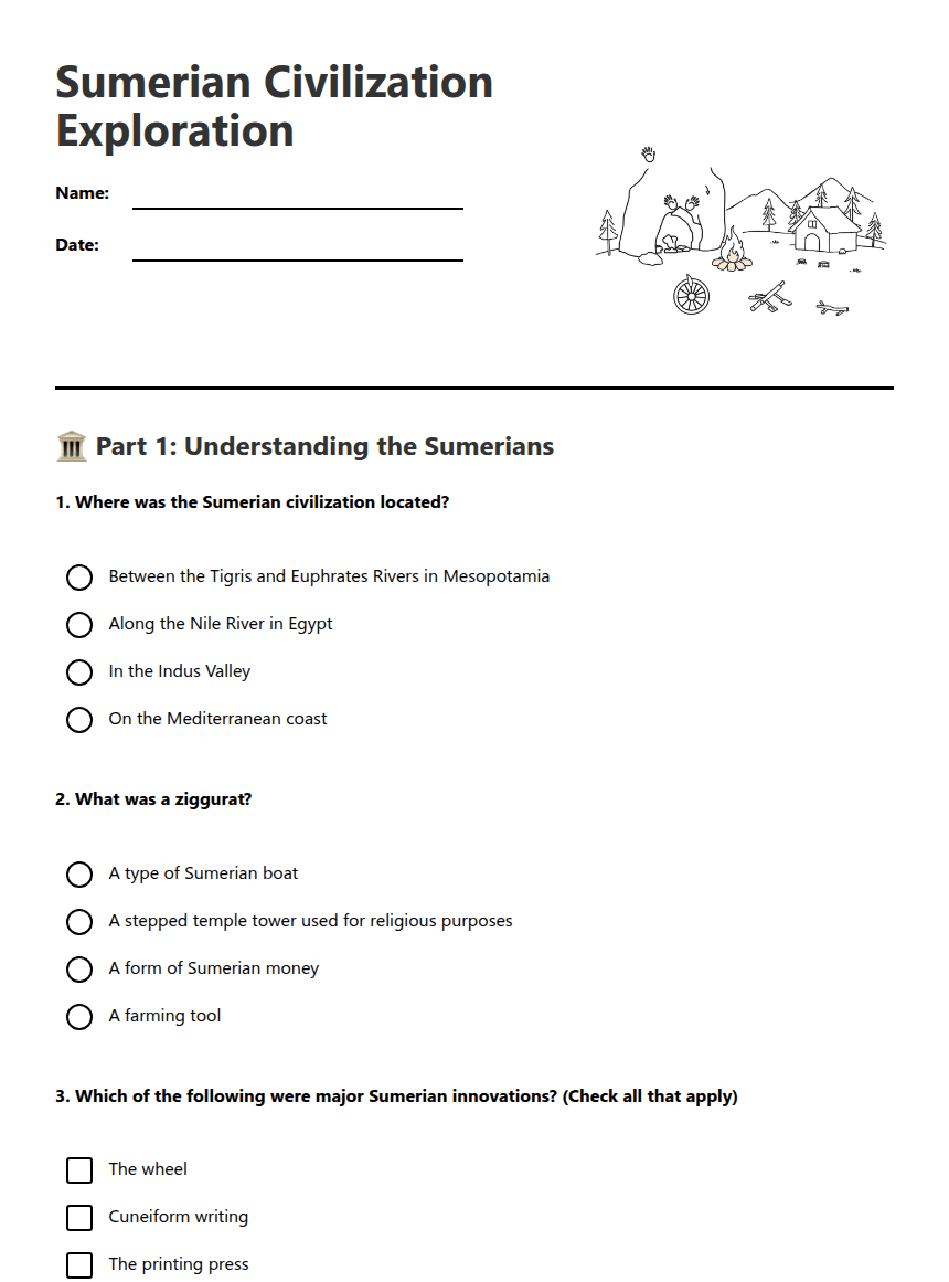 Sumerian Civilization Exploration worksheet preview