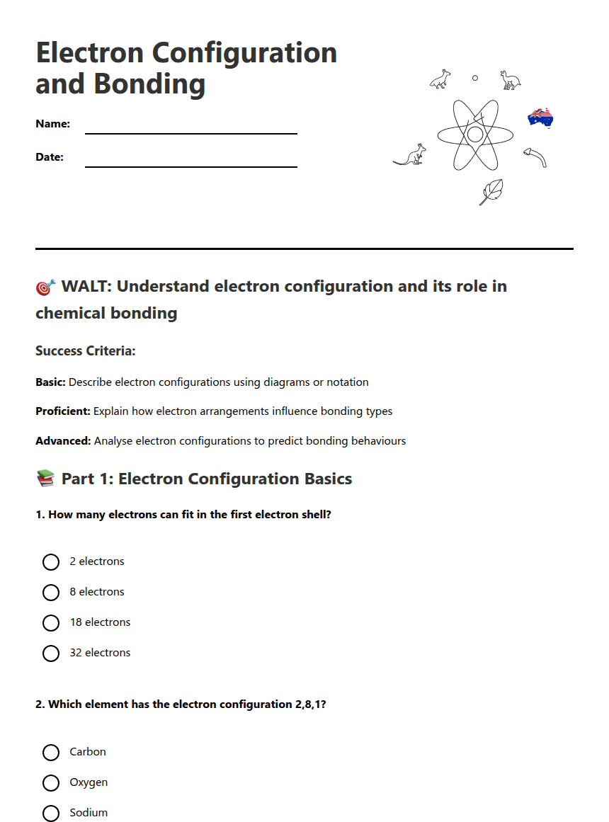 Electron Configuration and Bonding worksheet preview