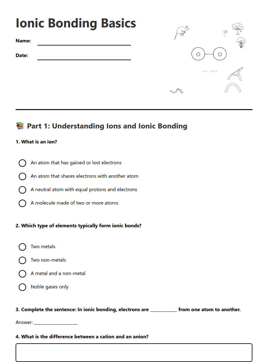 Ionic Bonding Basics worksheet preview