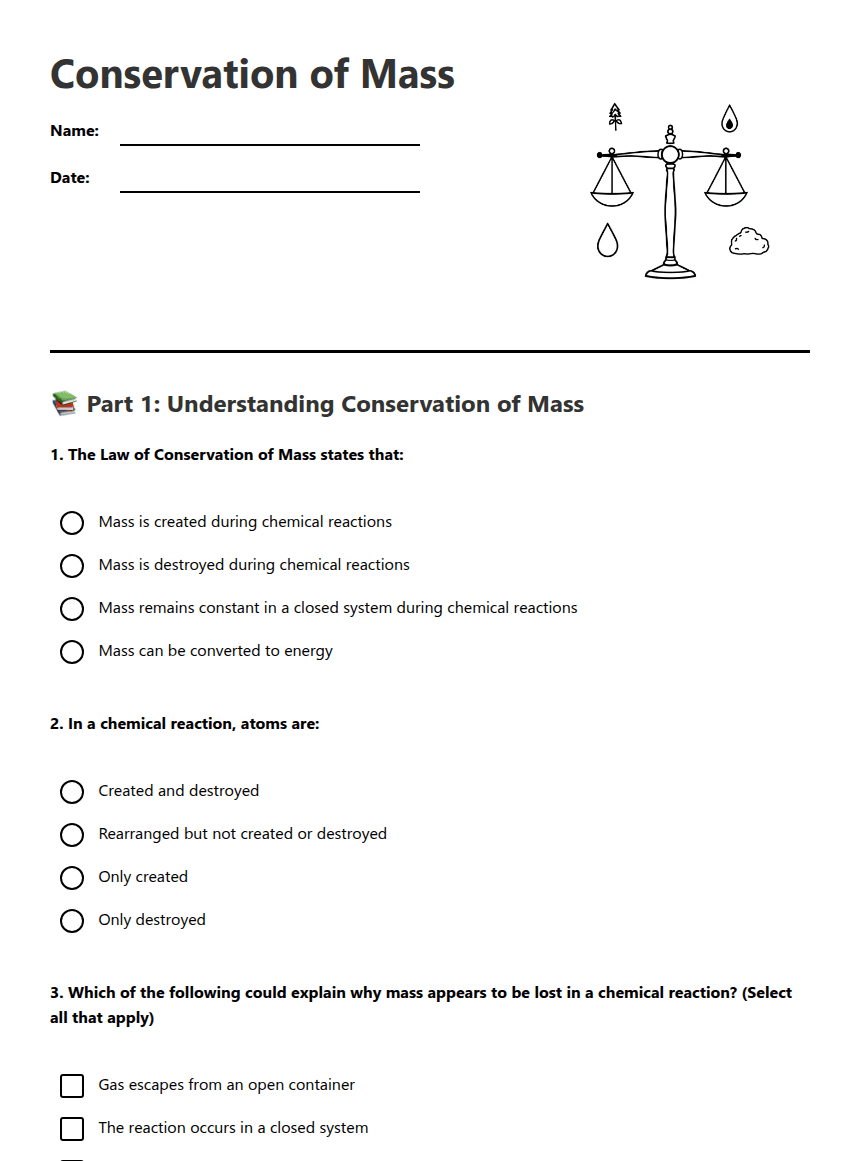 Conservation of Mass worksheet preview