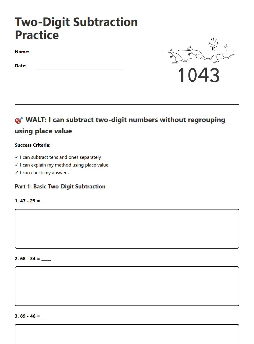 Two-Digit Subtraction Practice worksheet preview