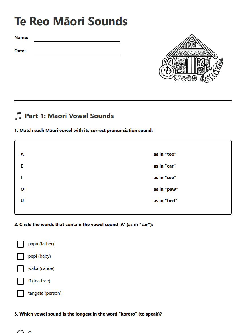 Te Reo Māori Sounds worksheet preview