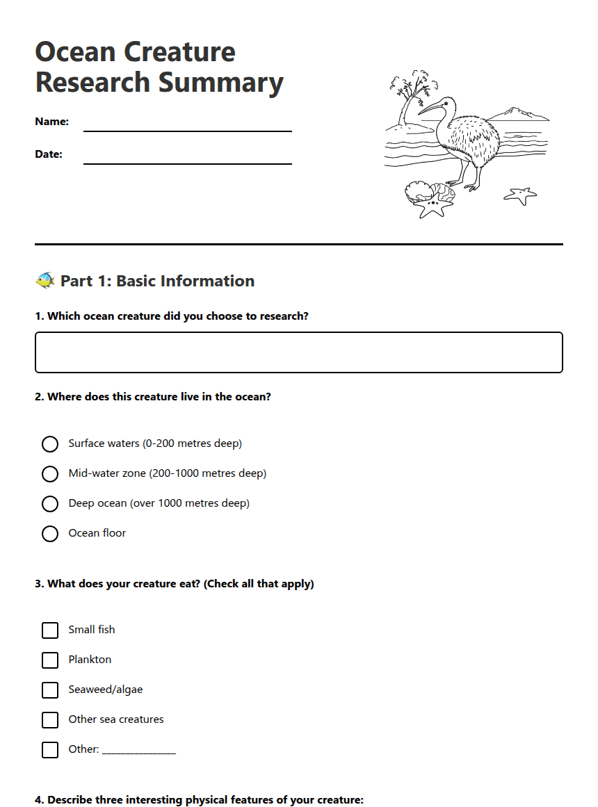 Ocean Creature Research Summary worksheet preview