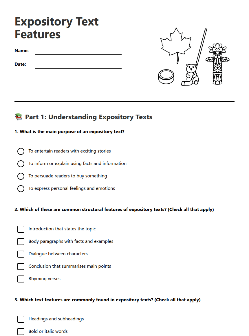Expository Text Features worksheet preview