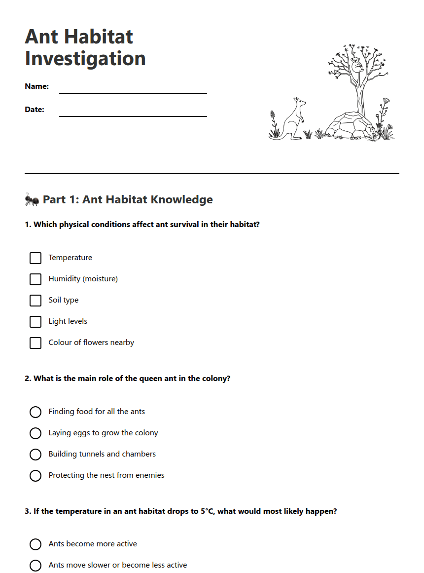 Ant Habitat Investigation worksheet preview