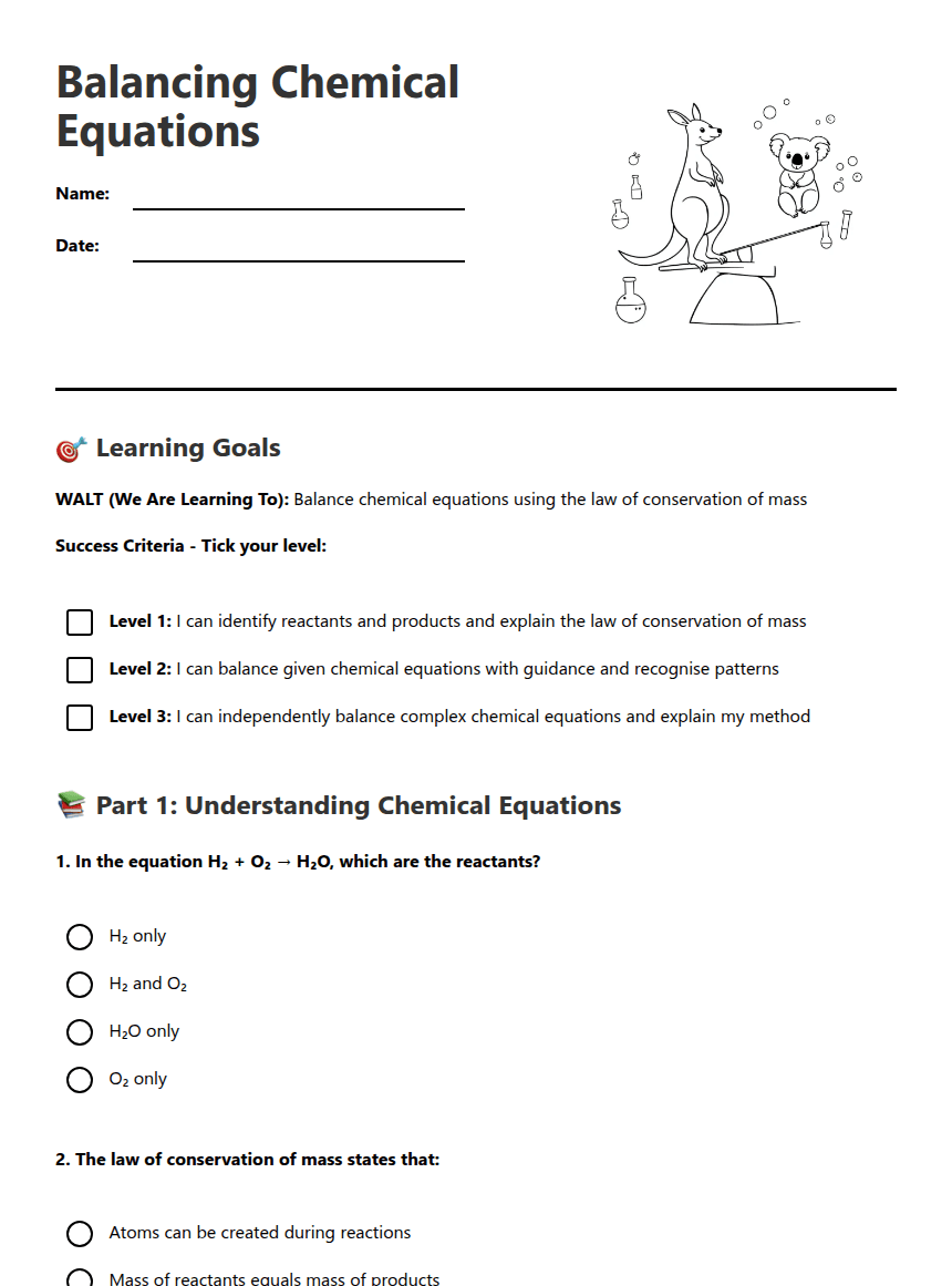 Balancing Chemical Equations worksheet preview
