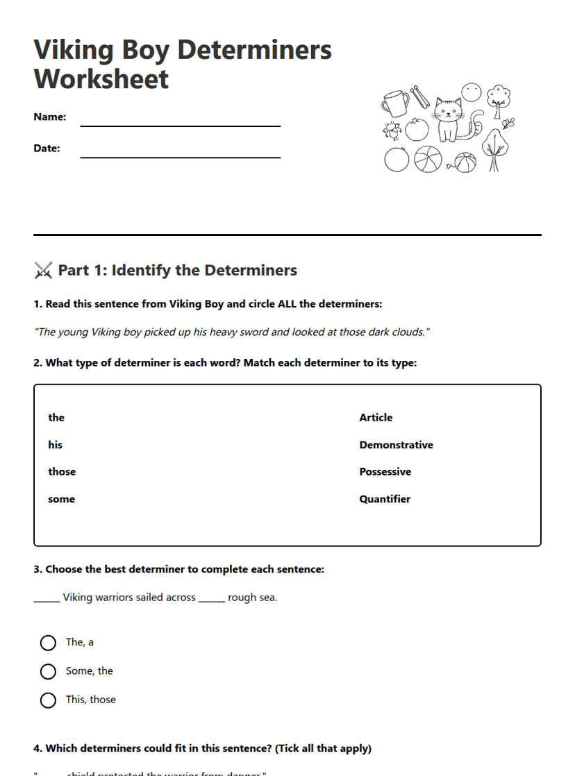 Viking Boy Determiners Worksheet