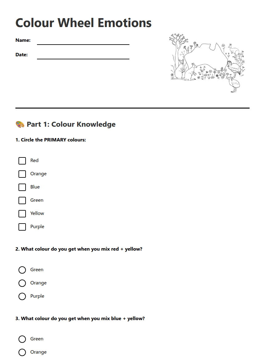Colour Wheel Emotions worksheet preview