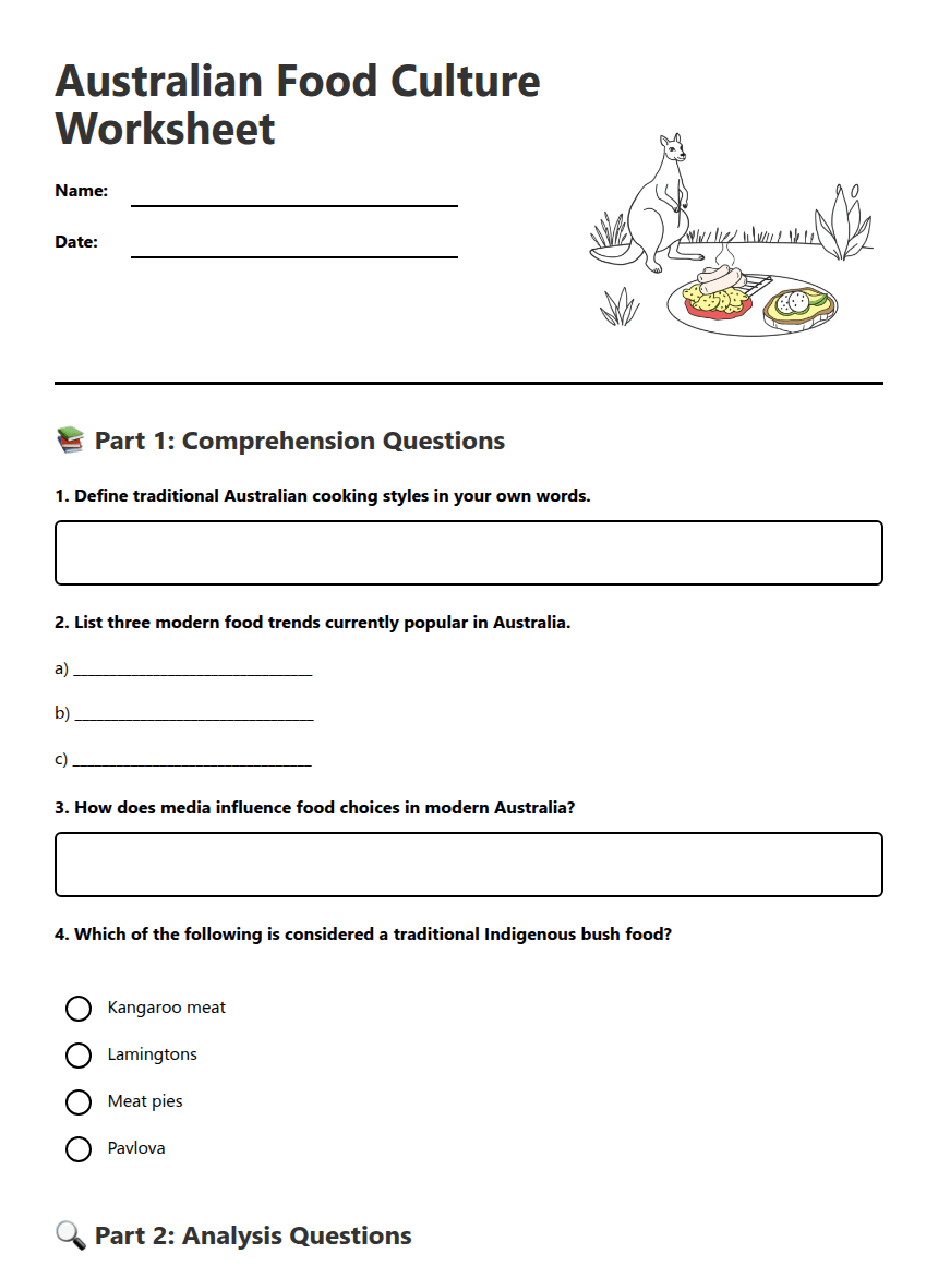 Australian Food Culture Worksheet worksheet preview