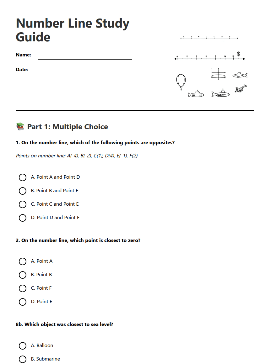 Number Line Study Guide worksheet preview