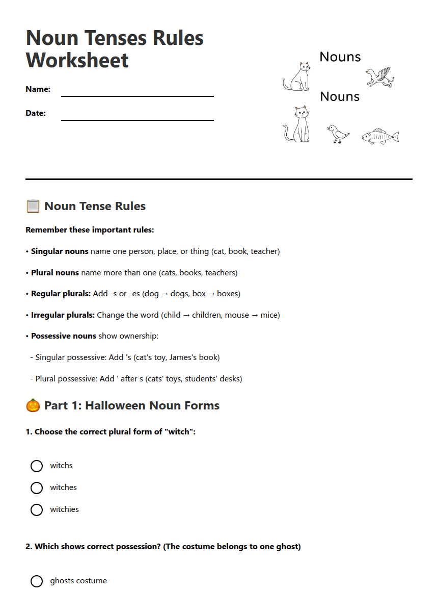 Noun Tenses Rules Worksheet worksheet preview