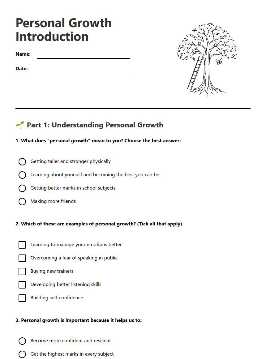 Personal Growth Introduction worksheet preview