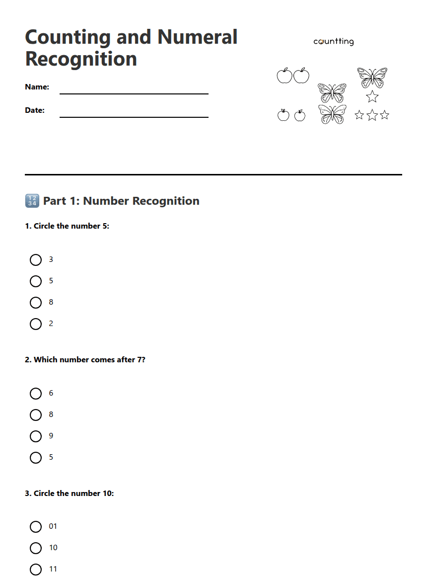 Counting and Numeral Recognition worksheet preview