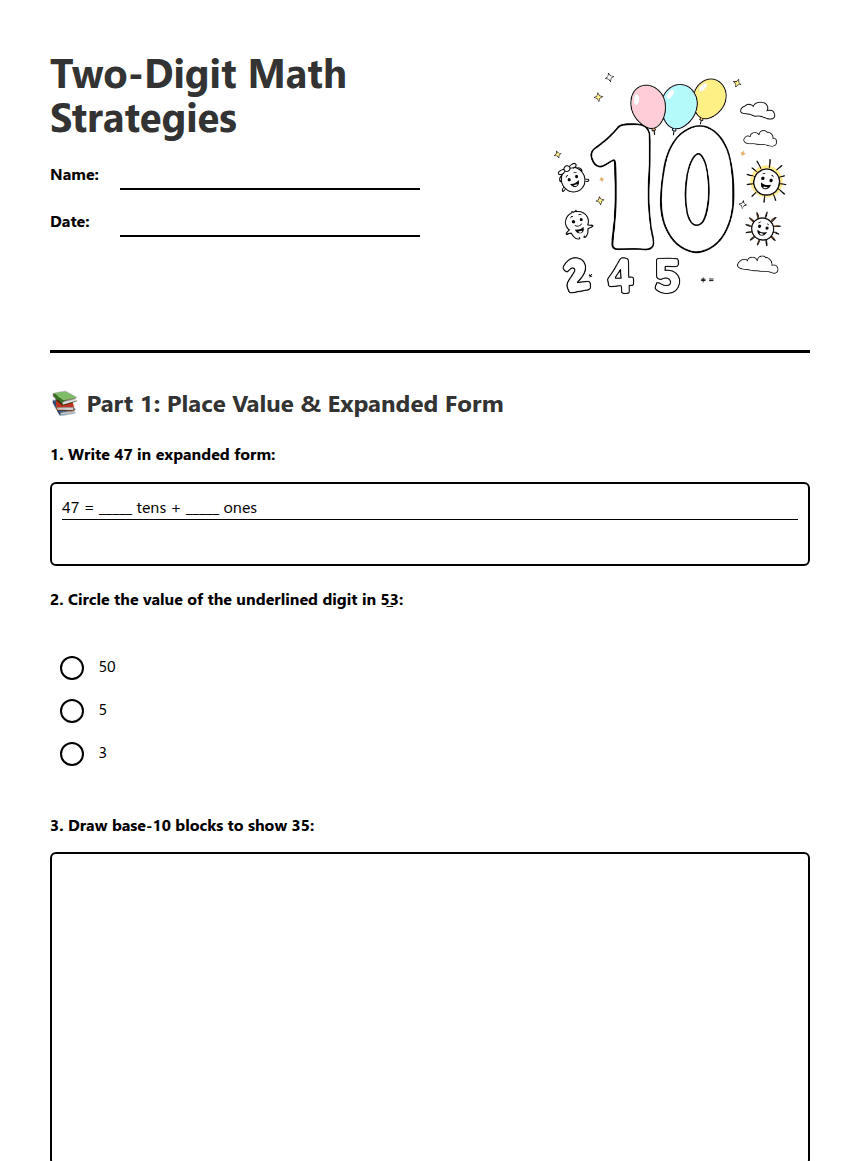 Two-Digit Math Strategies worksheet preview