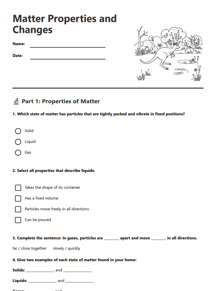 Matter Properties and Changes worksheet preview
