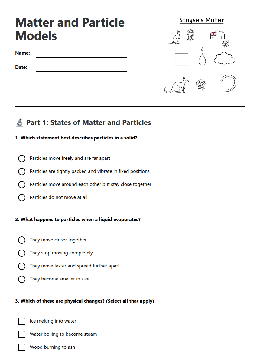 Matter and Particle Models worksheet preview