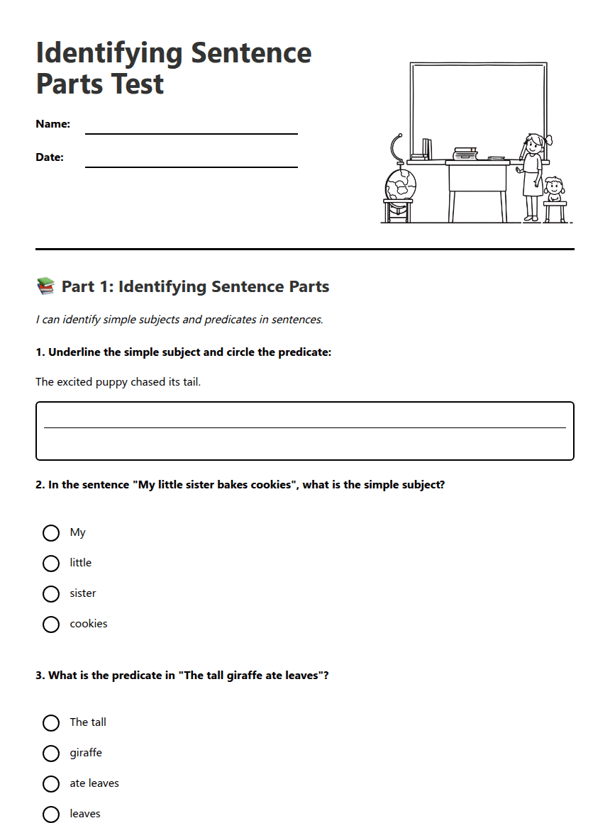 Identifying Sentence Parts Test worksheet preview