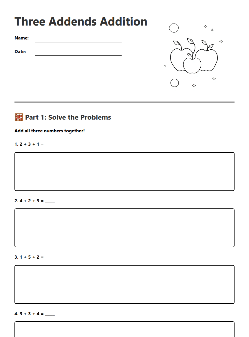 Three Addends Addition worksheet preview