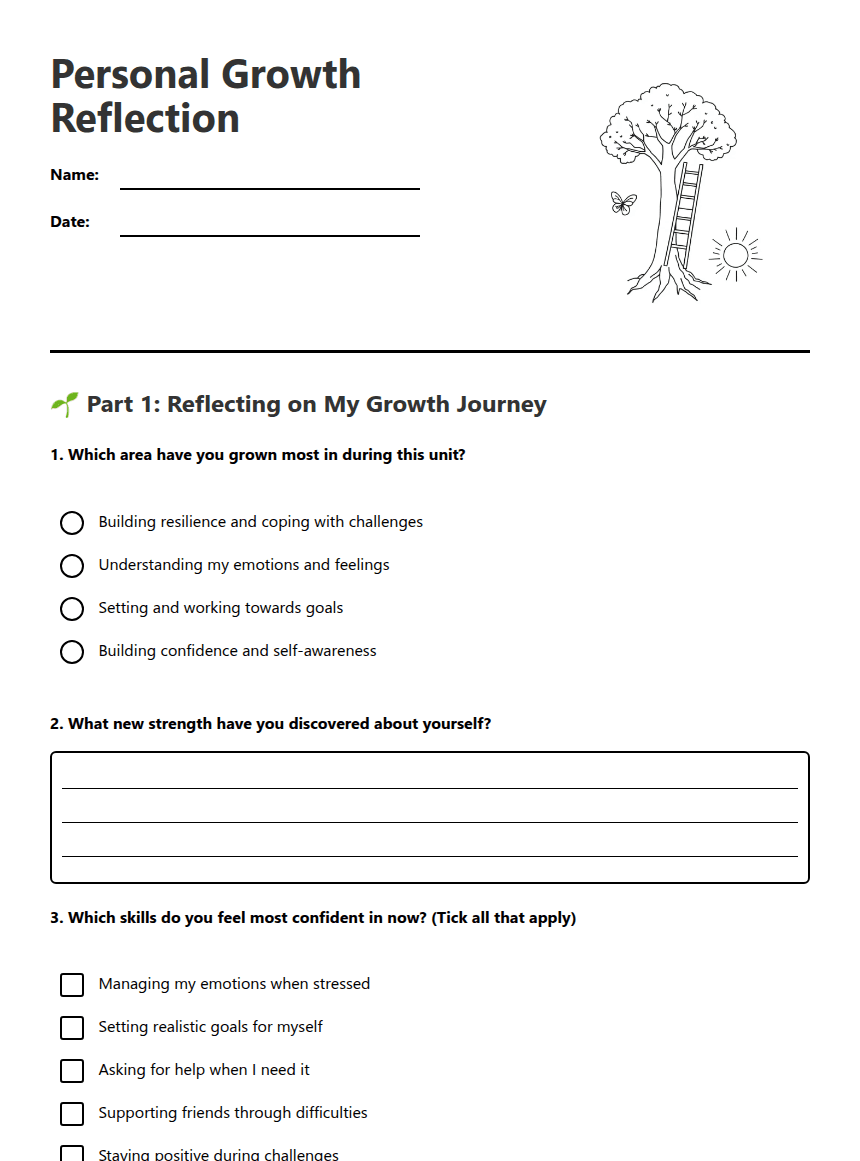 Personal Growth Reflection worksheet preview