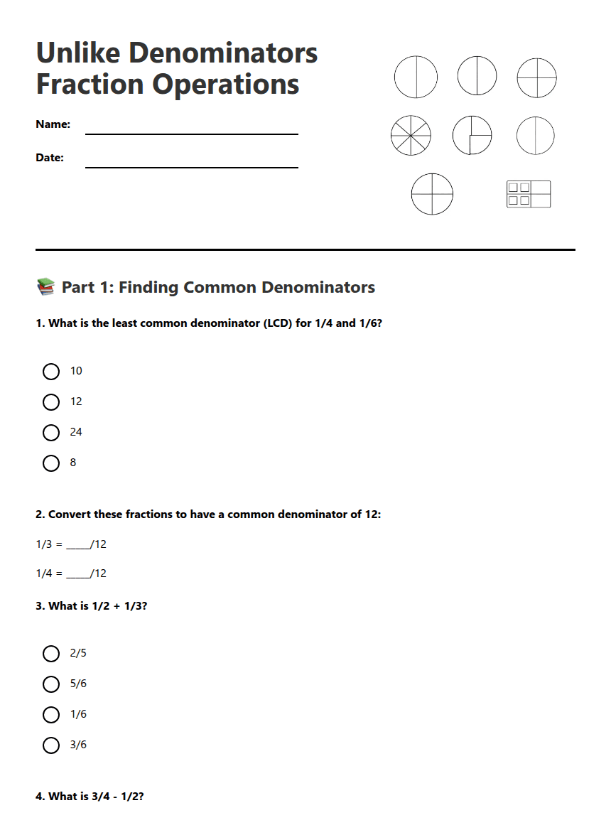 Unlike Denominators Fraction Operations worksheet preview
