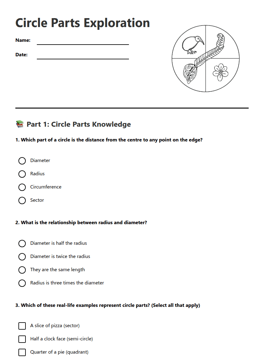 Circle Parts Exploration worksheet preview